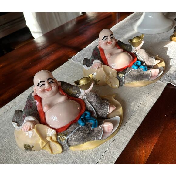 2 Laughing Buddha statues set of two resin hand painted pair decor figurines - Picture 8 of 16